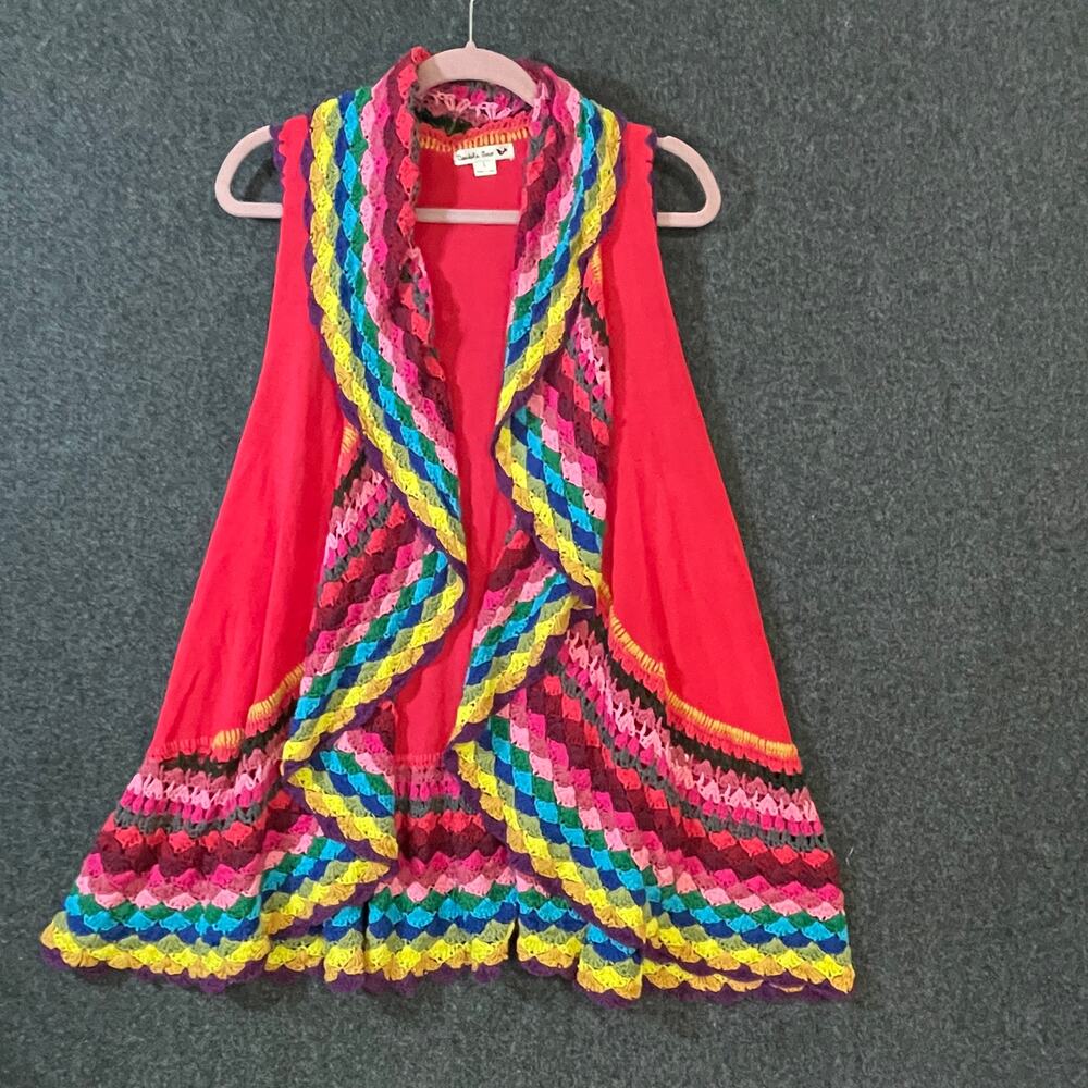 Double Zero Boho Crochet Ruffle Vest Rainbow Trim Cardigan Open Front